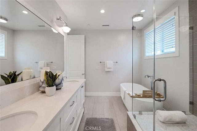 1524 Wollacott St, Redondo Beach, CA 90278 - full bathroom with a soaking tub, double vanity, recessed lighting, baseboards, and a shower with door