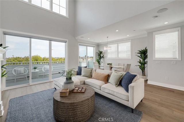 1524 Wollacott St, Redondo Beach, CA 90278 - living room with wood finished floors, crown molding, baseboards, recessed lighting, and a towering ceiling