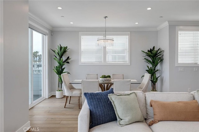 1524 Wollacott St, Redondo Beach, CA 90278 - dining room featuring a chandelier, light wood-style floors, crown molding, recessed lighting, and baseboards