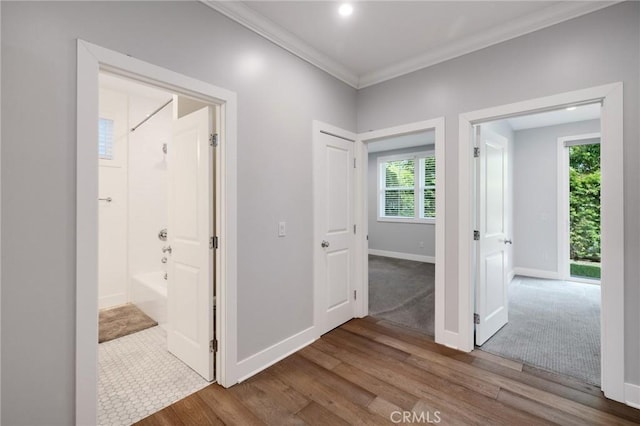 1524 Wollacott St, Redondo Beach, CA 90278 - hallway featuring wood finished floors, crown molding, healthy amount of natural light, baseboards, and recessed lighting