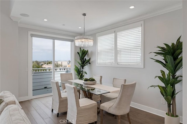 1524 Wollacott St, Redondo Beach, CA 90278 - dining area with wood finished floors, a chandelier, crown molding, baseboards, and recessed lighting