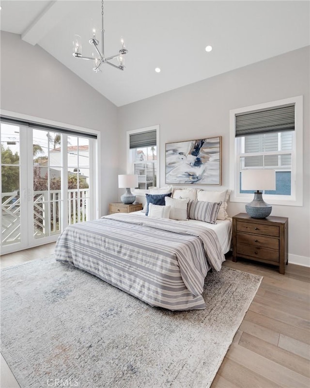 1524 Wollacott St, Redondo Beach, CA 90278 - bedroom featuring access to outside, a chandelier, light wood-style flooring, recessed lighting, and baseboards
