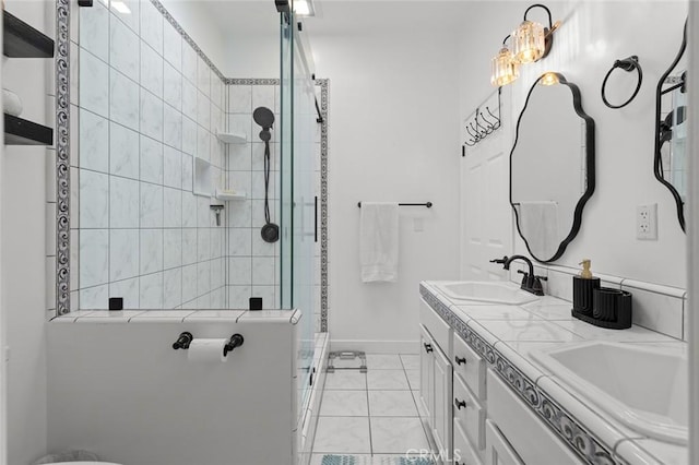 6582 Corrine Cir, Huntington Beach, CA 92647 - full bath featuring a sink, baseboards, a shower stall, and double vanity