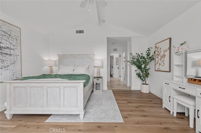 6582 Corrine Cir, Huntington Beach, CA 92647 - bedroom featuring ceiling fan, visible vents, baseboards, vaulted ceiling with beams, and light wood-style flooring