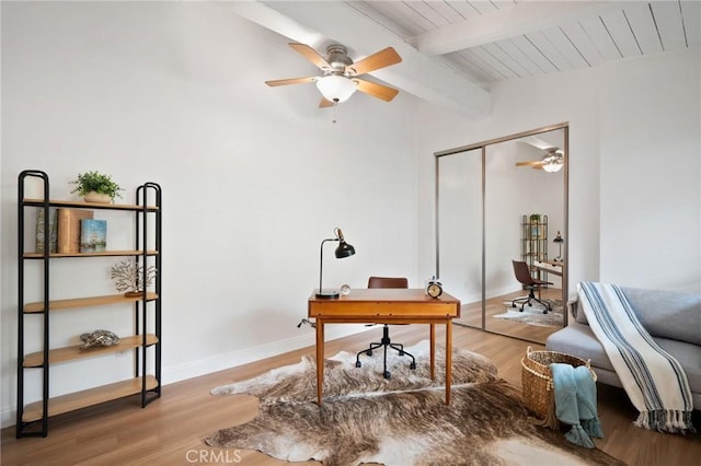office area with ceiling fan, beam ceiling, wood finished floors, wooden ceiling, and baseboards