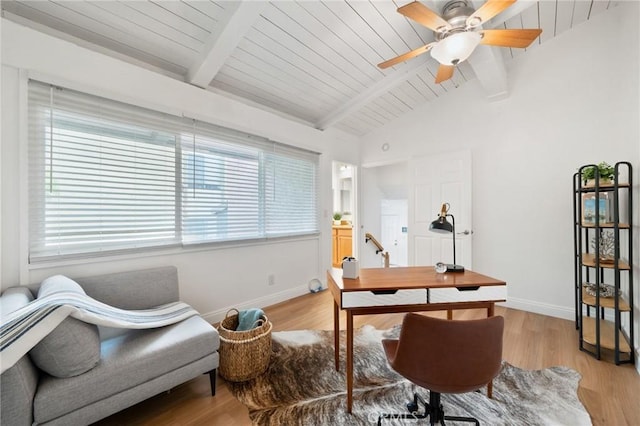 office area featuring baseboards, lofted ceiling with beams, and light wood finished floors