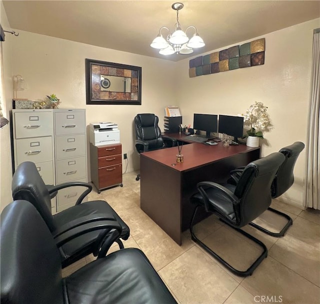 office space featuring light tile patterned flooring and a chandelier