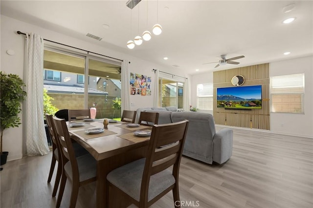 dining room featuring visible vents, recessed lighting, light wood-style flooring, and ceiling fan