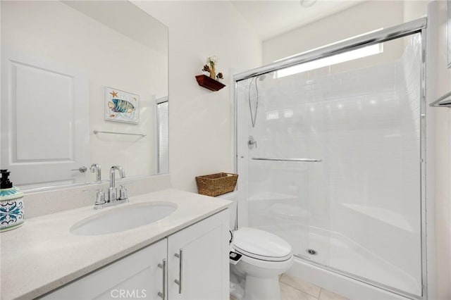 bathroom with toilet, tile patterned floors, a shower stall, and vanity