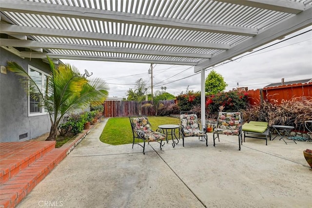 view of patio / terrace featuring a fenced backyard and a pergola