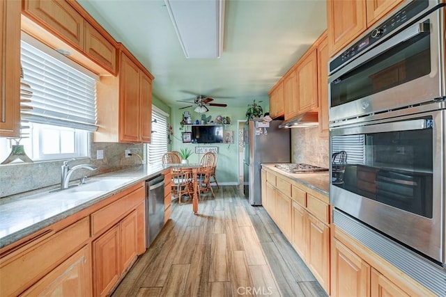 kitchen featuring ceiling fan, a sink, light wood finished floors, stainless steel appliances, and tasteful backsplash