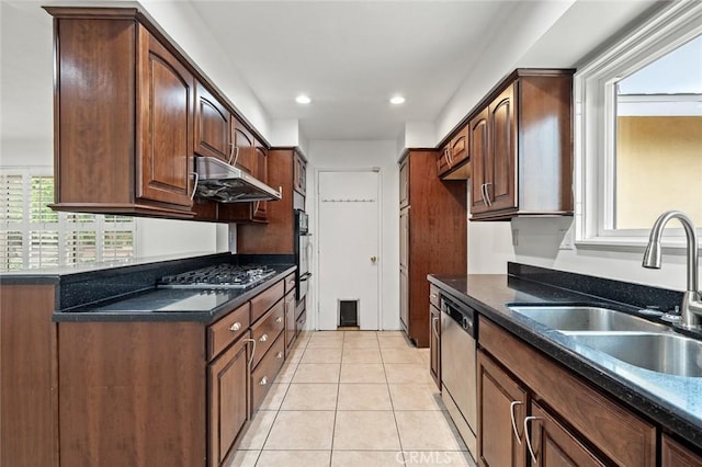 572 E Ghent St, San Dimas, CA 91773 - kitchen with a sink, light tile patterned floors, under cabinet range hood, stainless steel appliances, and recessed lighting