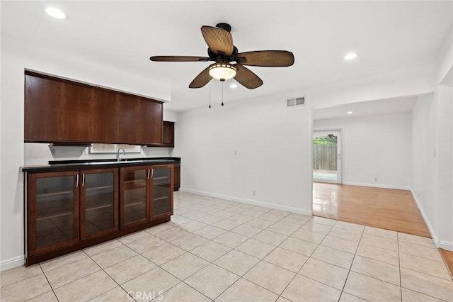 572 E Ghent St, San Dimas, CA 91773 - kitchen with visible vents, recessed lighting, a ceiling fan, and dark brown cabinets