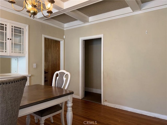 4524 2nd Ave, Los Angeles, CA 90043 - dining space featuring beam ceiling, an inviting chandelier, ornamental molding, coffered ceiling, and dark wood-type flooring