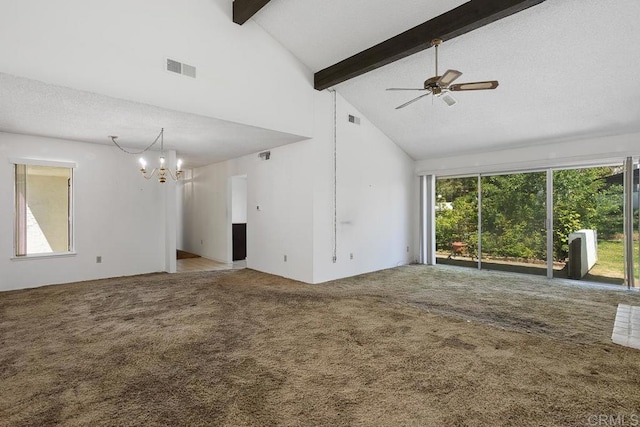 unfurnished living room with carpet floors, visible vents, beam ceiling, high vaulted ceiling, and ceiling fan with notable chandelier