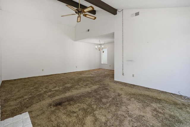 unfurnished living room featuring high vaulted ceiling, carpet, ceiling fan with notable chandelier, beamed ceiling, and visible vents