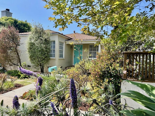 view of front of home featuring roof with shingles and stucco siding