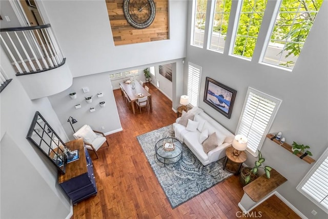living room with wood finished floors, baseboards, a healthy amount of sunlight, and a towering ceiling