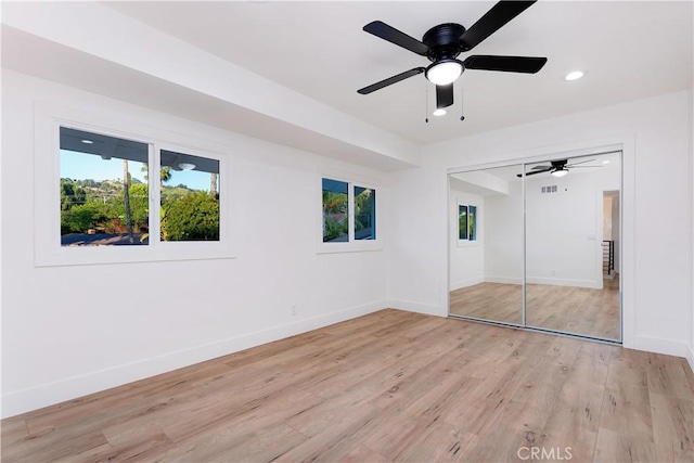 1061 Colby Cir, Thousand Oaks, CA 91362 - unfurnished bedroom featuring light wood finished floors, baseboards, a closet, recessed lighting, and a ceiling fan