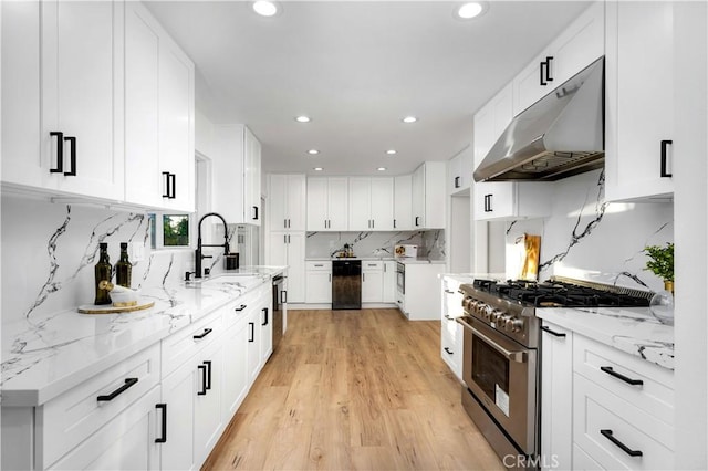 1061 Colby Cir, Thousand Oaks, CA 91362 - kitchen featuring under cabinet range hood, high end stainless steel range oven, light stone countertops, tasteful backsplash, and a sink