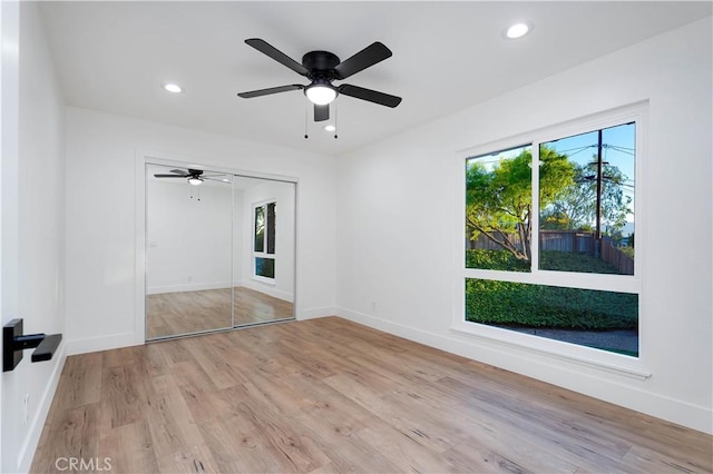 1061 Colby Cir, Thousand Oaks, CA 91362 - unfurnished bedroom featuring light wood-style flooring, baseboards, recessed lighting, a ceiling fan, and a closet