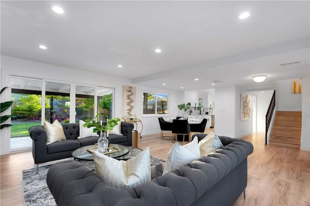 1061 Colby Cir, Thousand Oaks, CA 91362 - living room with stairs, recessed lighting, baseboards, and light wood-style flooring