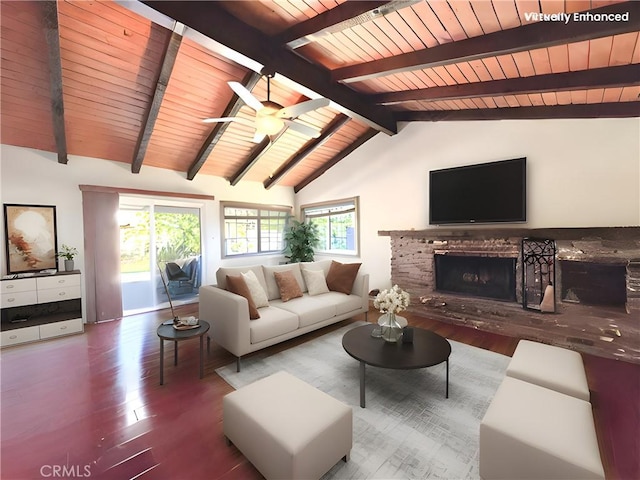 living area featuring a brick fireplace, lofted ceiling with beams, wooden ceiling, and wood finished floors