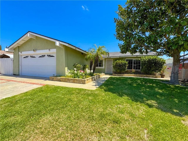 ranch-style house featuring an attached garage, stucco siding, a front yard, and fence