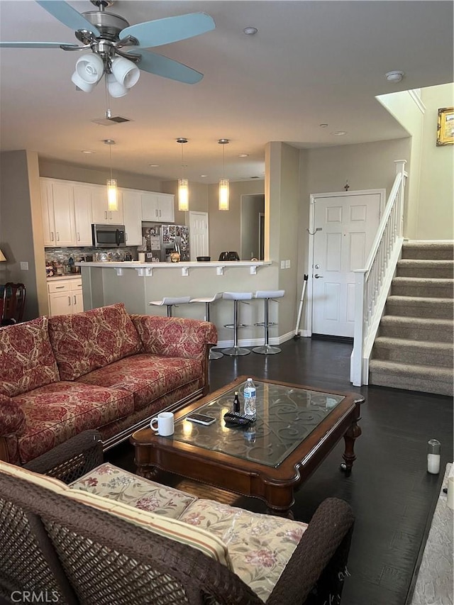 36316 Grazia Way, Winchester, CA 92596 - living area featuring visible vents, stairs, baseboards, ceiling fan, and recessed lighting