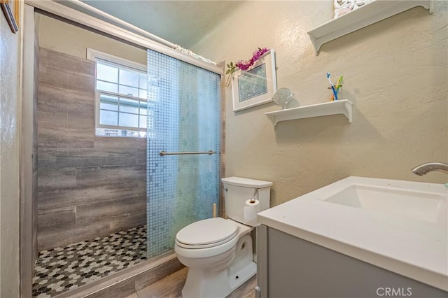 2415 E Childs Ave, Merced, CA 95341 - bathroom with toilet, a textured wall, a shower stall, and vanity