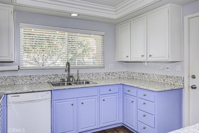 kitchen with white dishwasher, a sink, a wealth of natural light, and white cabinetry