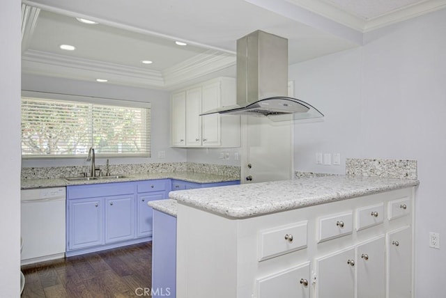 kitchen featuring island range hood, dishwasher, a sink, ornamental molding, and dark wood-type flooring