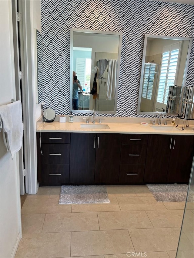 900 N Primrose Ln Unit A, Azusa, CA 91702 - bathroom with double vanity, a shower with door, tile patterned floors, and baseboards