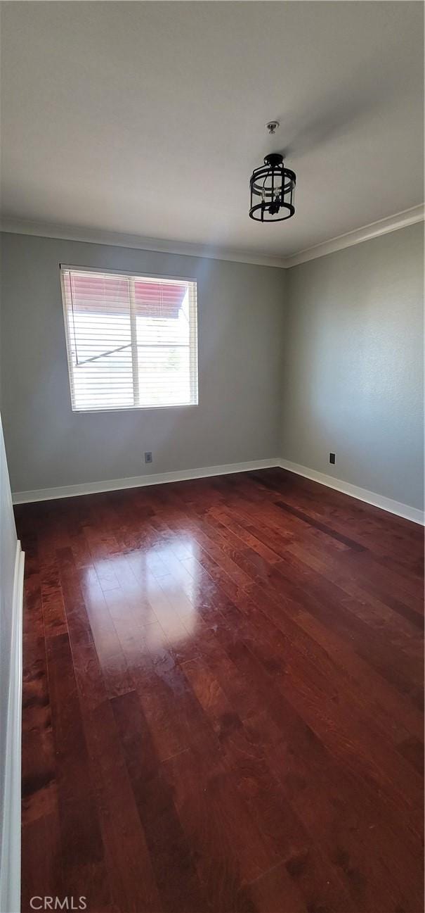 unfurnished room featuring crown molding, baseboards, and dark wood-style floors