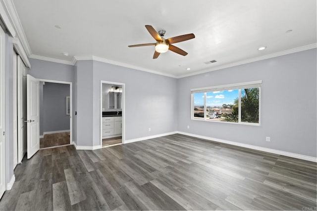 unfurnished bedroom with visible vents, wood finished floors, baseboards, ornamental molding, and recessed lighting