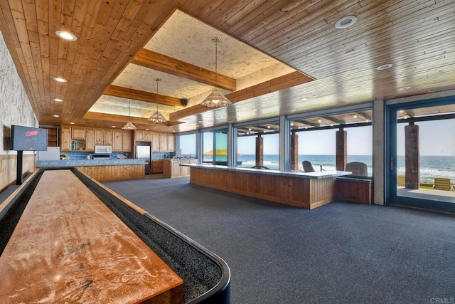 interior space with a water view
