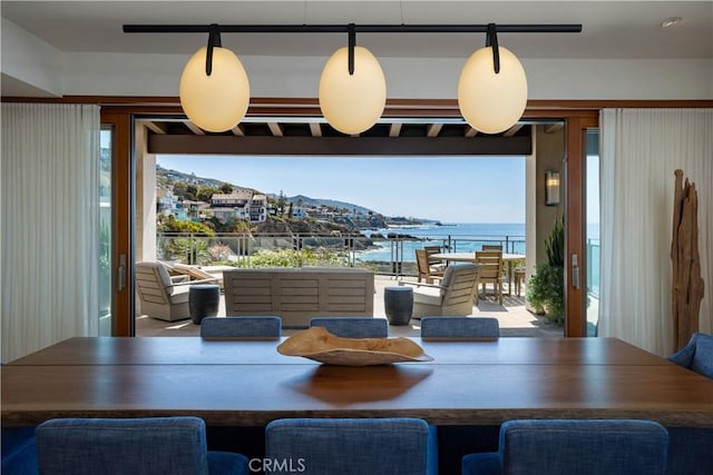 dining area featuring a water view and a wealth of natural light