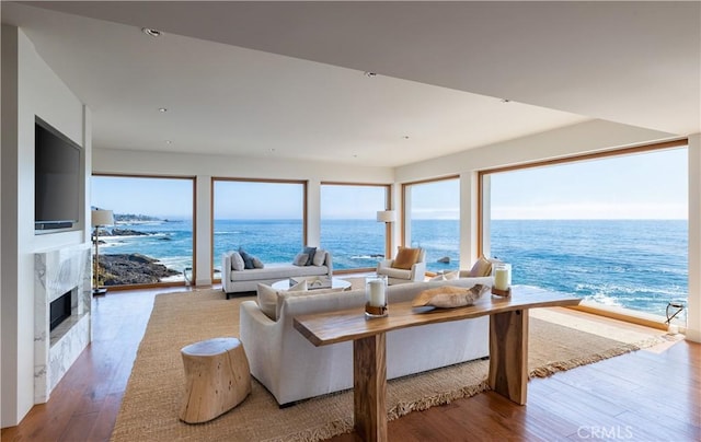 living room with a water view, a healthy amount of sunlight, hardwood / wood-style flooring, and a high end fireplace