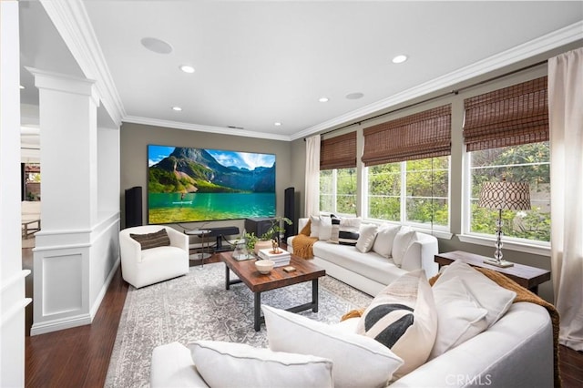 13216 Finish Draft Ct, Eastvale, CA 92880 - living room featuring crown molding, wood finished floors, recessed lighting, and decorative columns