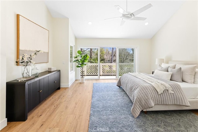 bedroom with access to outside, light wood-style floors, recessed lighting, baseboards, and lofted ceiling