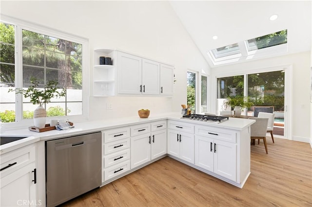 kitchen featuring light countertops, light wood-style floors, stainless steel appliances, and a healthy amount of sunlight