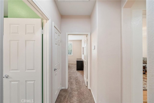 corridor with baseboards and carpet flooring