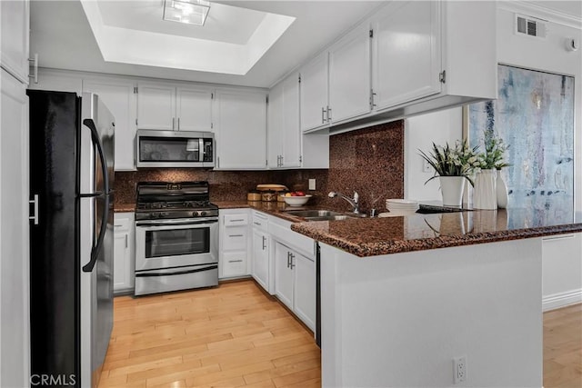 kitchen featuring a raised ceiling, stainless steel appliances, a peninsula, light wood-type flooring, and visible vents