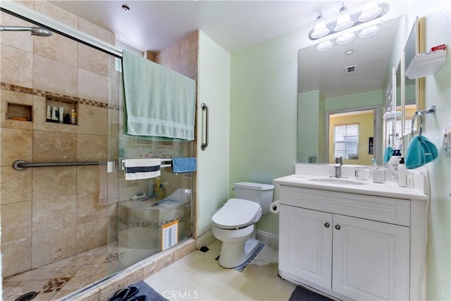 13435 Cascade Ct, Cerritos, CA 90703 - bathroom with toilet, vanity, visible vents, and a shower stall