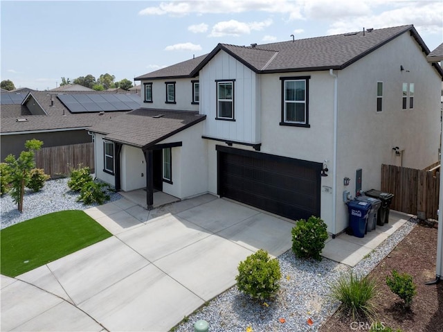218 Bryce Canyon Ct, Merced, CA 95341 - modern farmhouse with a garage, fence, roof with shingles, and stucco siding