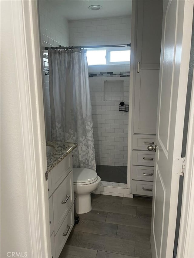 bathroom with vanity, a shower stall, toilet, and wood finish floors