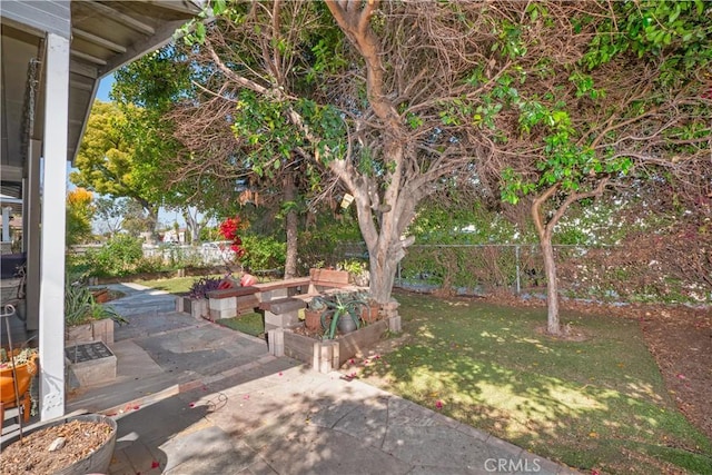 view of yard with a fenced backyard, a garden, and a patio area