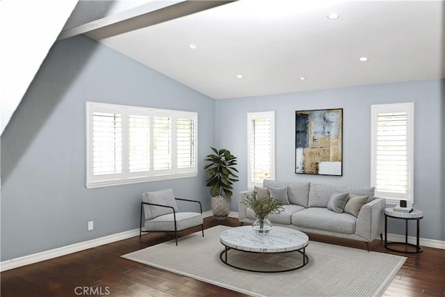 living room with vaulted ceiling, recessed lighting, baseboards, and wood finished floors