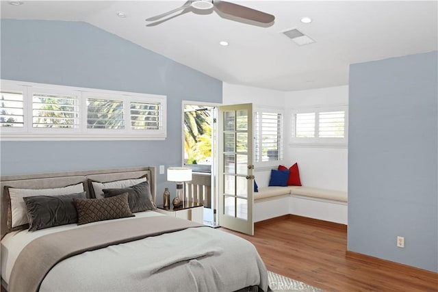 bedroom featuring lofted ceiling, a ceiling fan, recessed lighting, visible vents, and wood finished floors