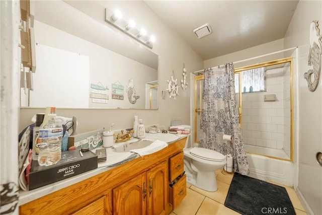 full bathroom with vanity, visible vents, toilet, tile patterned floors, and shower / tub combo